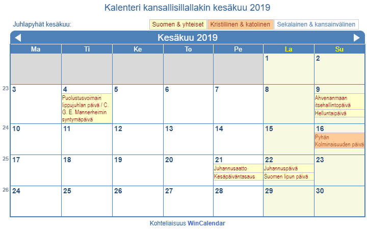 Kesäkuu 2019 Kalenteri juhlapäivien kanssa - Suomi