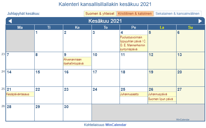 Kesäkuu 2021 Kalenteri juhlapäivien kanssa - Suomi