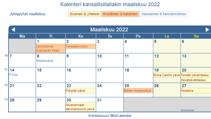 Maaliskuu 2022 Kalenteri juhlapäivien kanssa - Suomi