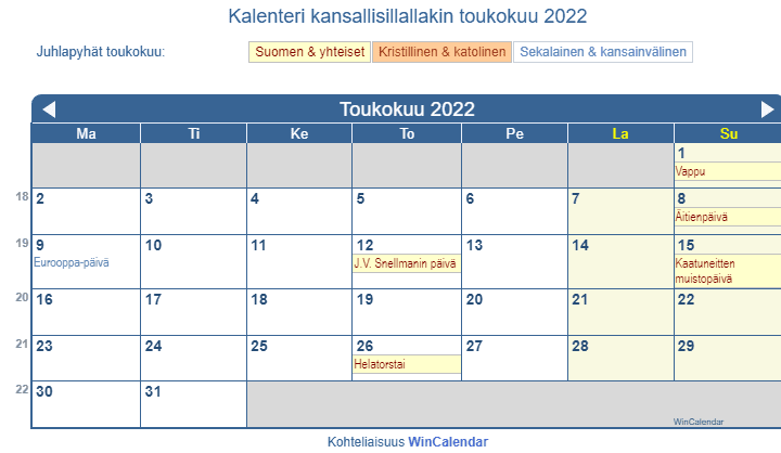 Toukokuu 2022 Kalenteri juhlapäivien kanssa - Suomi