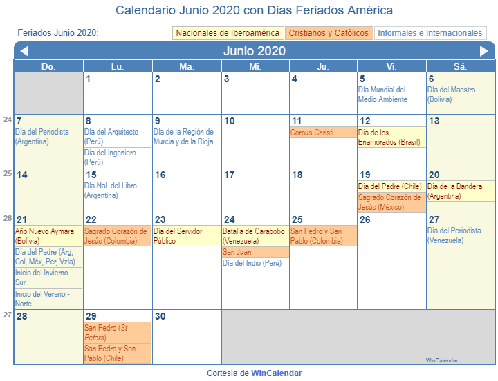 Calendario Junio 2020 Con Festivos Mexico