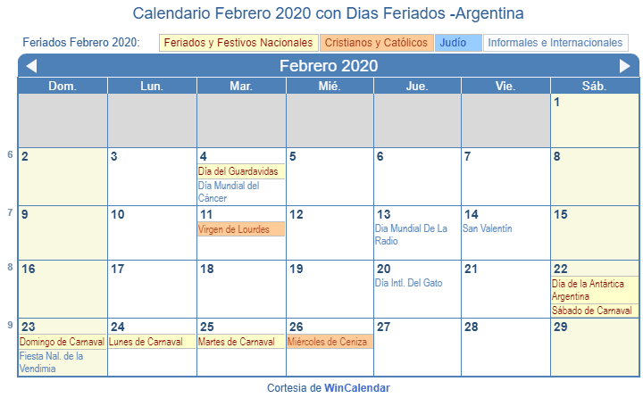 Blanco Calendario Febrero 2020 Con Feriados Y Feriados Para Imprimir