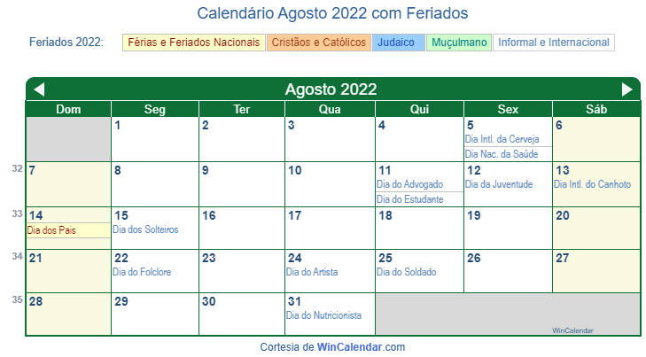 1 de Ago, 2022 Calendário com Feriados e Cont. Regressiva - BRA