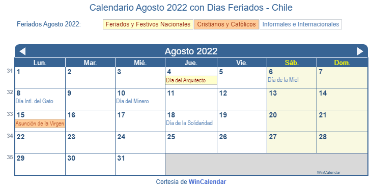Calendario Chile 2022 Con Feriados