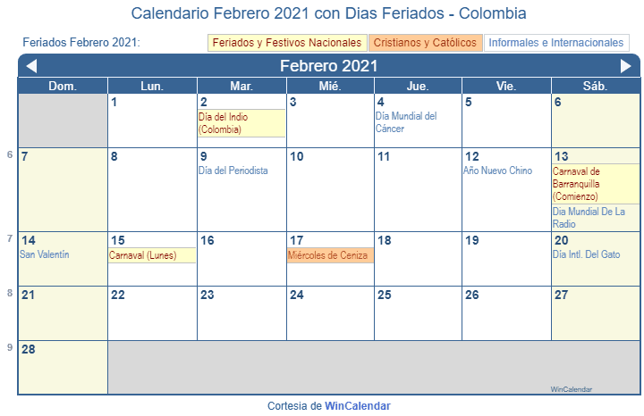 calendario febrero 2021 colombia Calendario Febrero 2021 Con Dias Feriados Colombia calendario febrero 2021 colombia