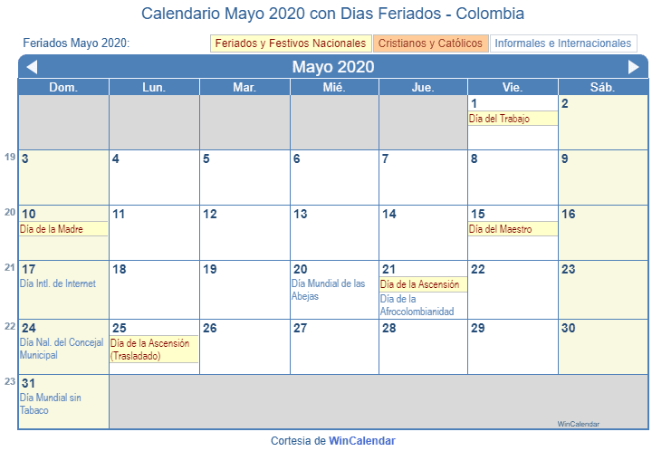 Calendario Mayo 2020 con Dias Feriados - Colombia