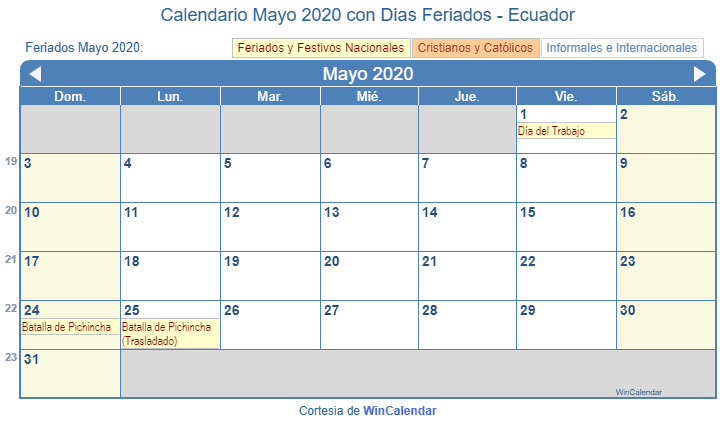 Calendario Mayo 2020 Con Dias Feriados Ecuador