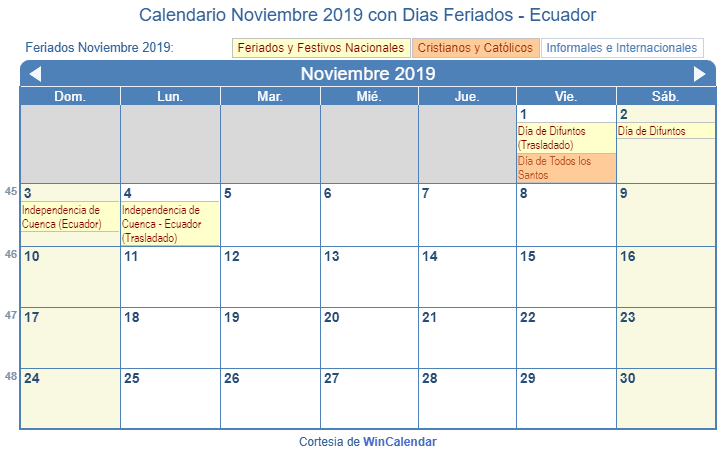 Calendario Noviembre 2019 Con Dias Feriados Ecuador