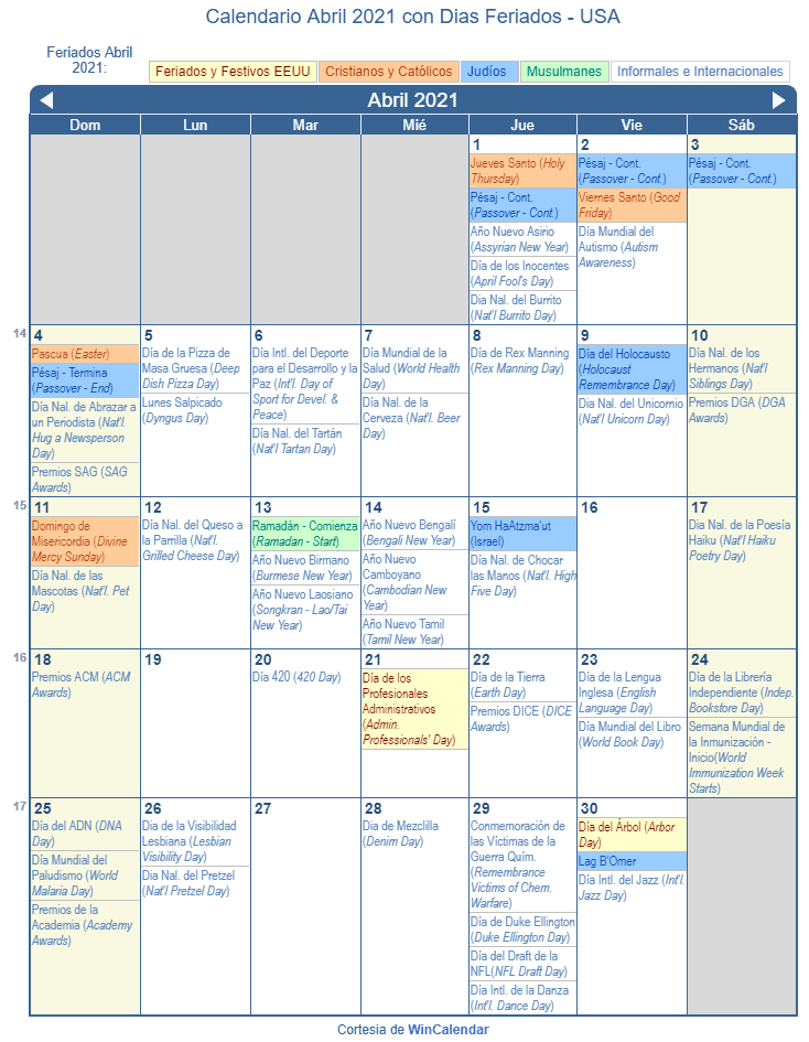 calendario abril 2021 mexico Calendario Abril 2021 Con Dias Feriados Estados Unidos calendario abril 2021 mexico