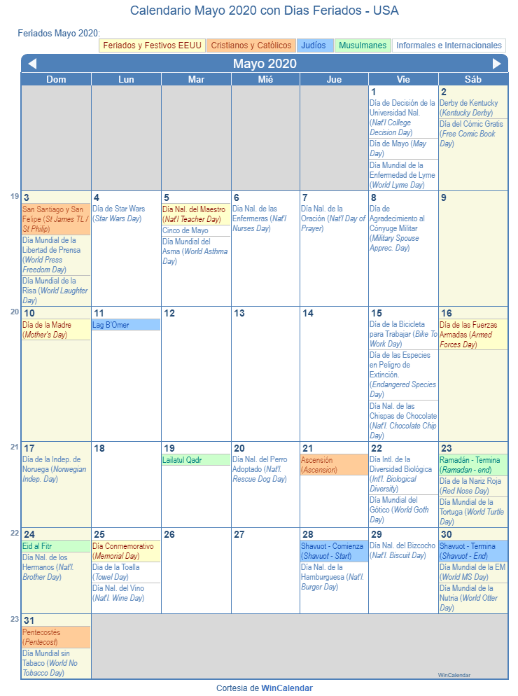 Calendario Mayo 2020 Con Dias Feriados Estados Unidos
