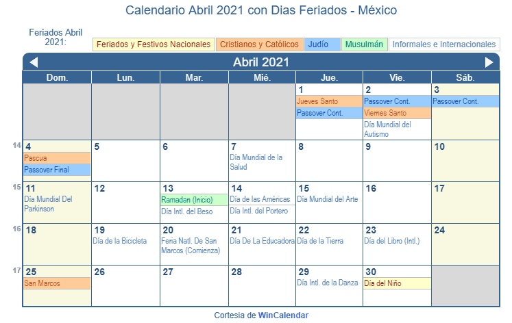 Calendario Abril 2020 Para Imprimir Mexico