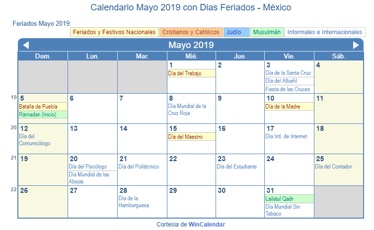 Calendario Mayo 2019 Con Dias Feriados Mexico