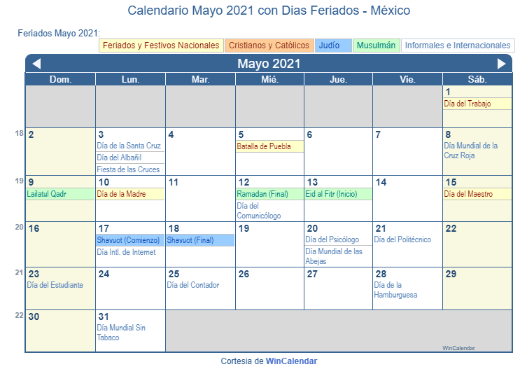 Calendario Mayo 2021 Con Dias Feriados Mexico