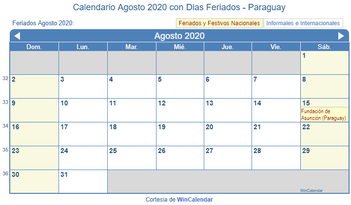 Calendario Agosto 2020 Con Dias Feriados Paraguay