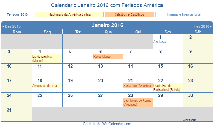 Calendário Janeiro 2016 para imprimir - América