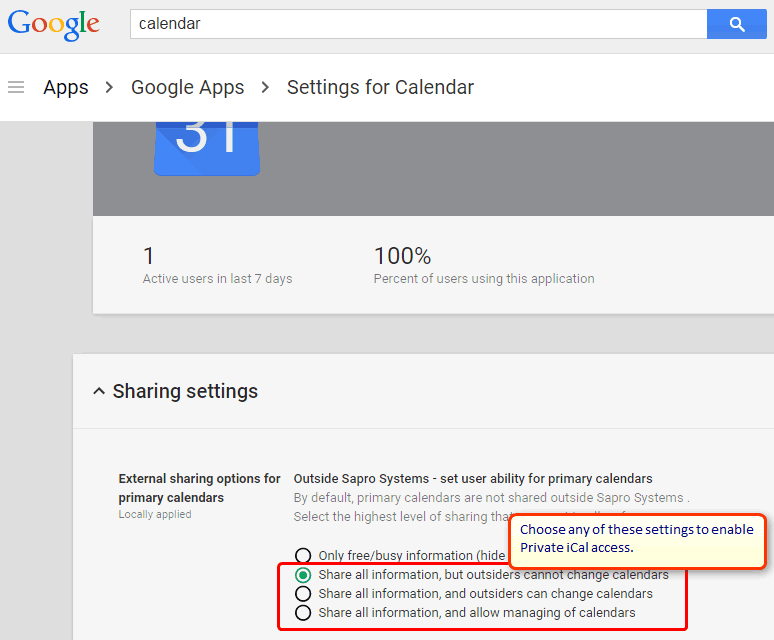 Google Apps Allow iCal Access