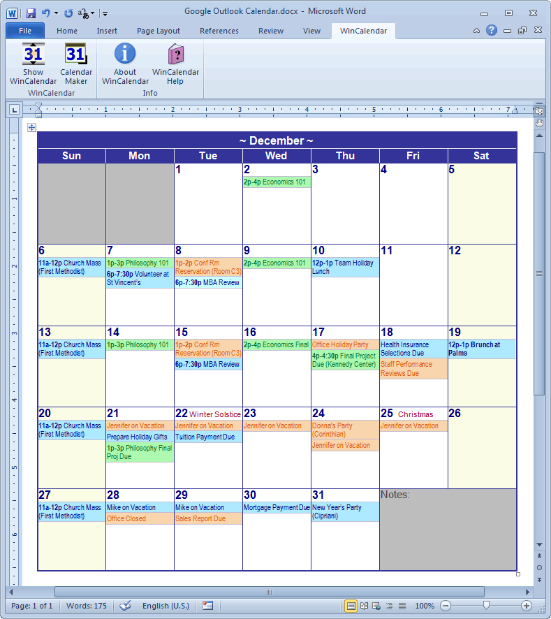 Calendar Creator for Microsoft Word with Holidays