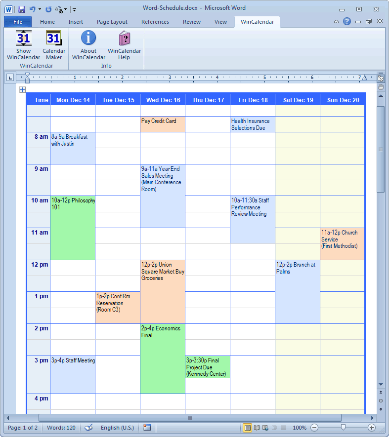 Calendar Creator for Microsoft Word with Holidays