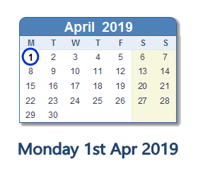 1 April 2019 calendar