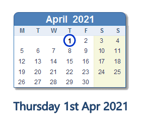 1 April 2021 calendar