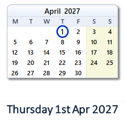 1 April 2027 calendar