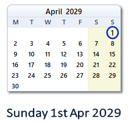 1 April 2029 calendar