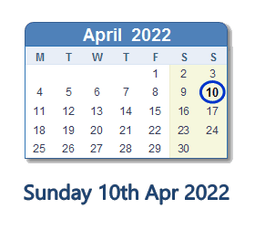 10 April 2022 calendar