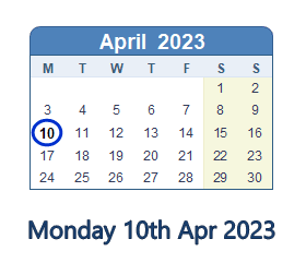10 April 2023 calendar