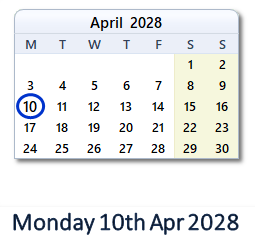 10 April 2028 calendar