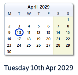 10 April 2029 calendar