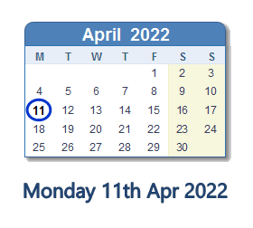11 April 2022 calendar