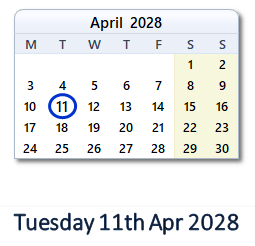 11 April 2028 calendar