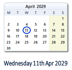 11 April 2029 calendar