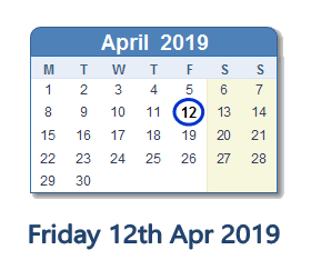 12 April 2019 calendar