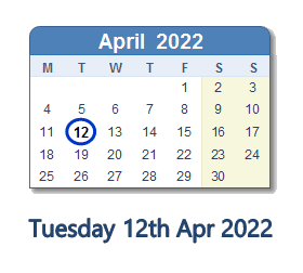 12 April 2022 calendar