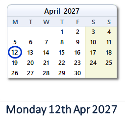 12 April 2027 calendar