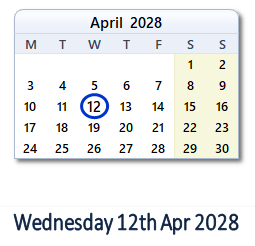 12 April 2028 calendar