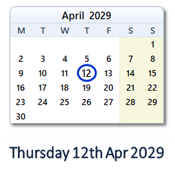 12 April 2029 calendar