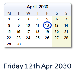 12 April 2030 calendar