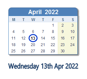 13 April 2022 calendar