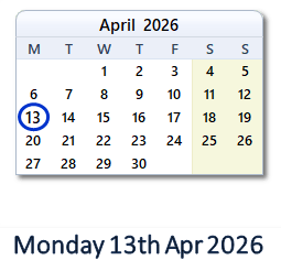 13 April 2026 calendar