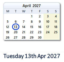 13 April 2027 calendar