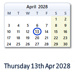 13 April 2028 calendar