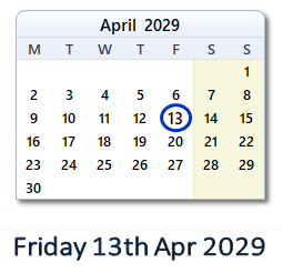 13 April 2029 calendar