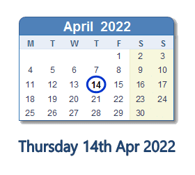14 April 2022 calendar