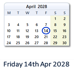 14 April 2028 calendar