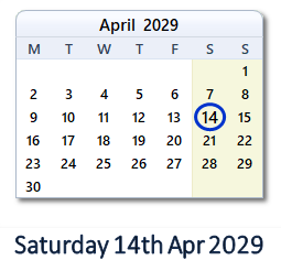 14 April 2029 calendar