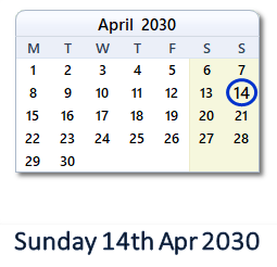 14 April 2030 calendar