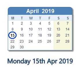15 April 2019 calendar