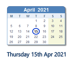 15 April 2021 calendar